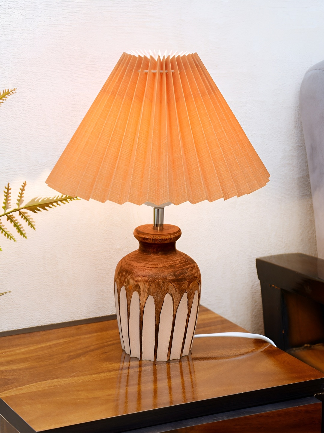 

Homesake Beige and Orange-Coloured Textured Wooden Frusturical Shaped Table Lamp