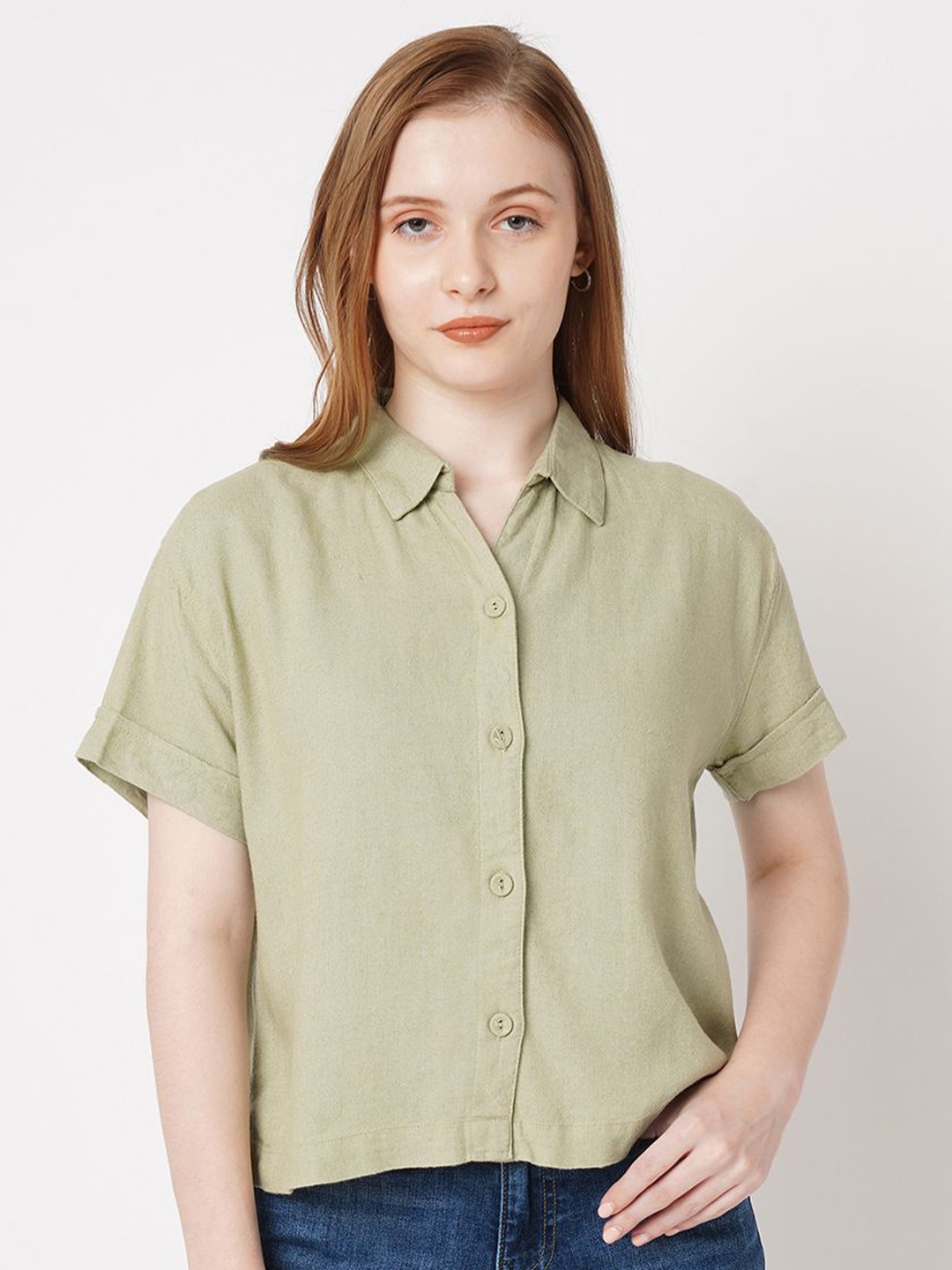 

Kraus Jeans Women Spread Collar Solid Slim Fit Casual Shirt, Olive