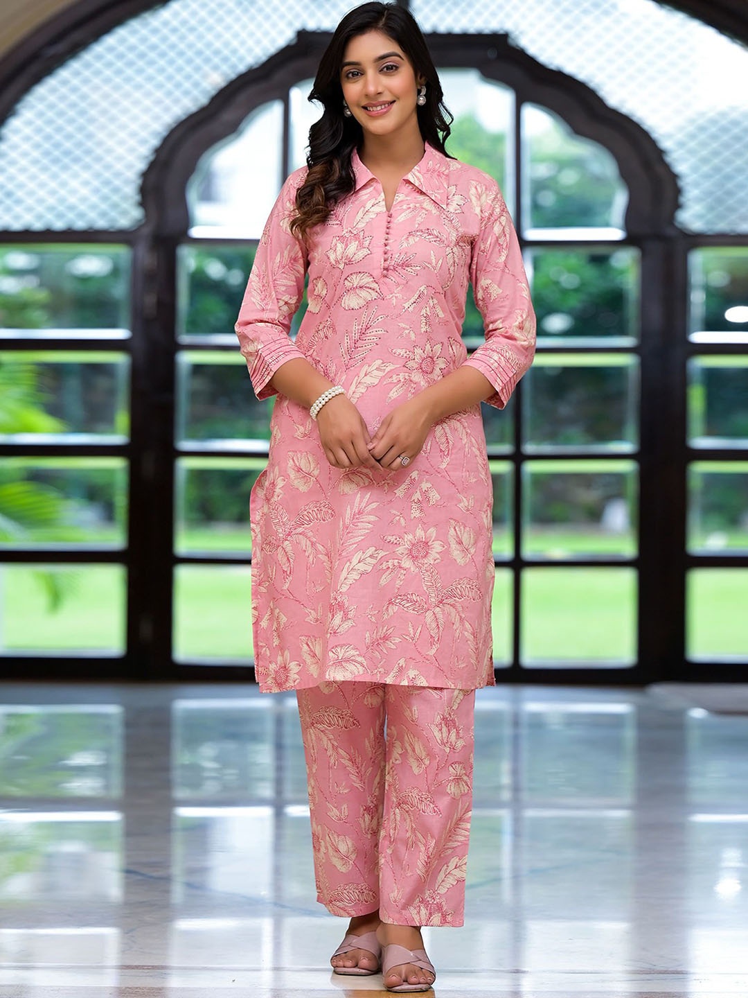 

Peachmode Shirt Collar Floral Printed Pure Cotton Tunic with Trouser, Pink
