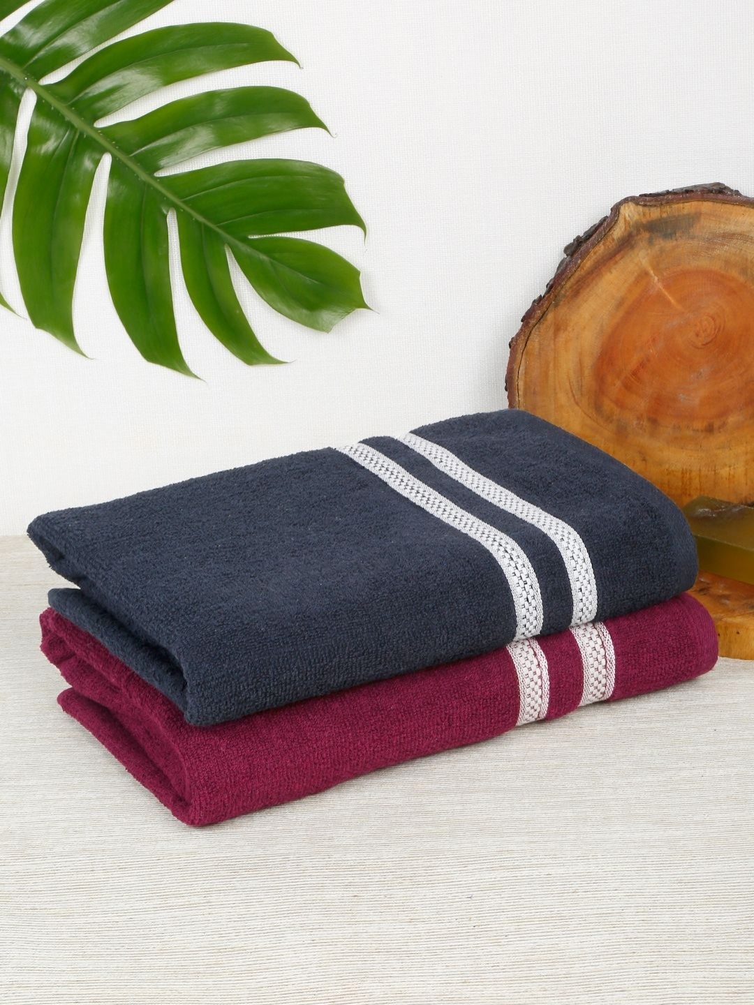 

Creeva Maroon & Navy Blue 2 Pieces Striped Cotton 400 GSM Bath Towels