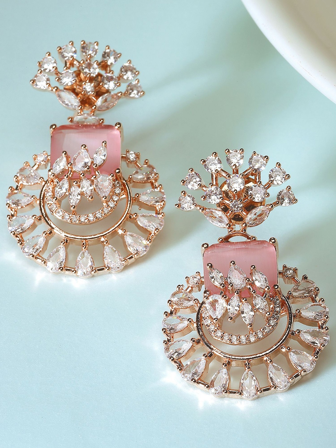 

KARATCART Rose Gold-Plated Cubic Zirconia Studded Contemporary Drop Earrings