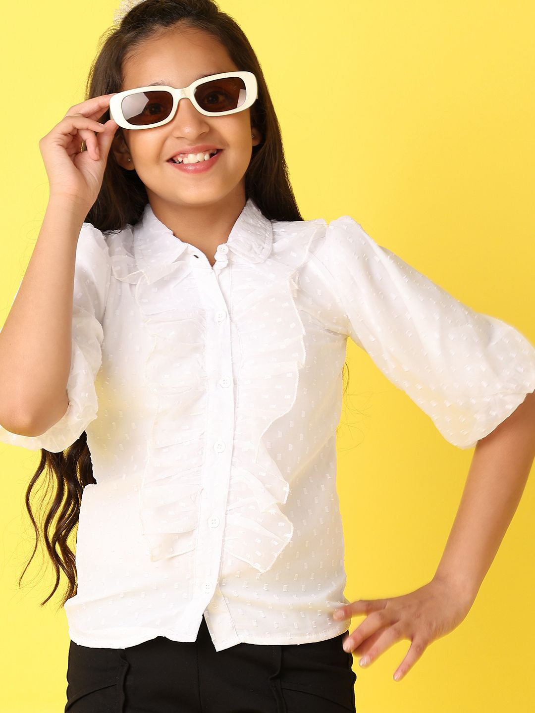 

V-Mart Girls Cotton Self Design Bishop Sleeves Shirt Style Top, White