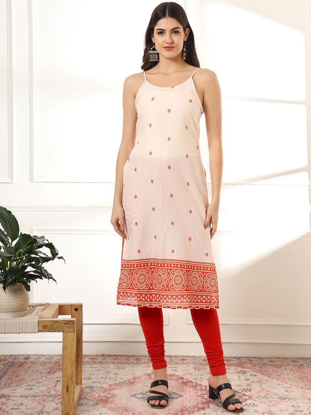 

Anouk Floral Printed Shoulder Straps Pure Cotton Straight Kurta, Peach