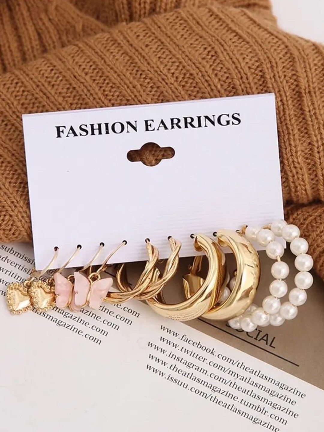

YU FASHIONS Set Of 5 Gold-Plated Rhinestone Studded Contemporary Hoop Earrings