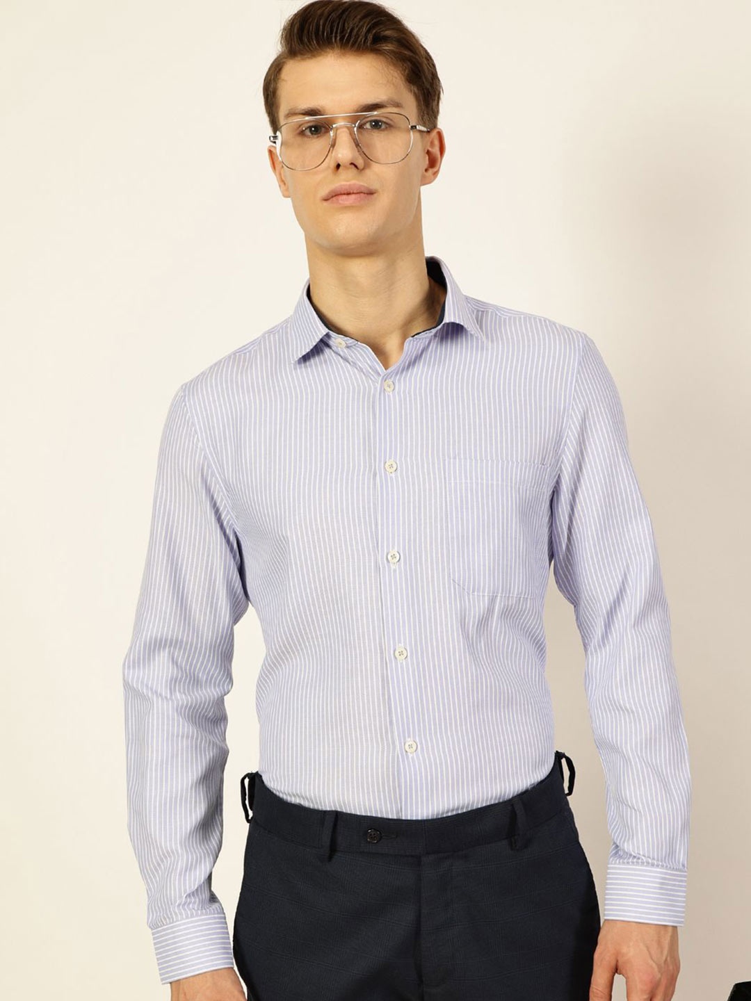 

Thomas Scott Men Smart Cutaway Collar Pinstripes Striped Cotton Formal Shirt, Blue