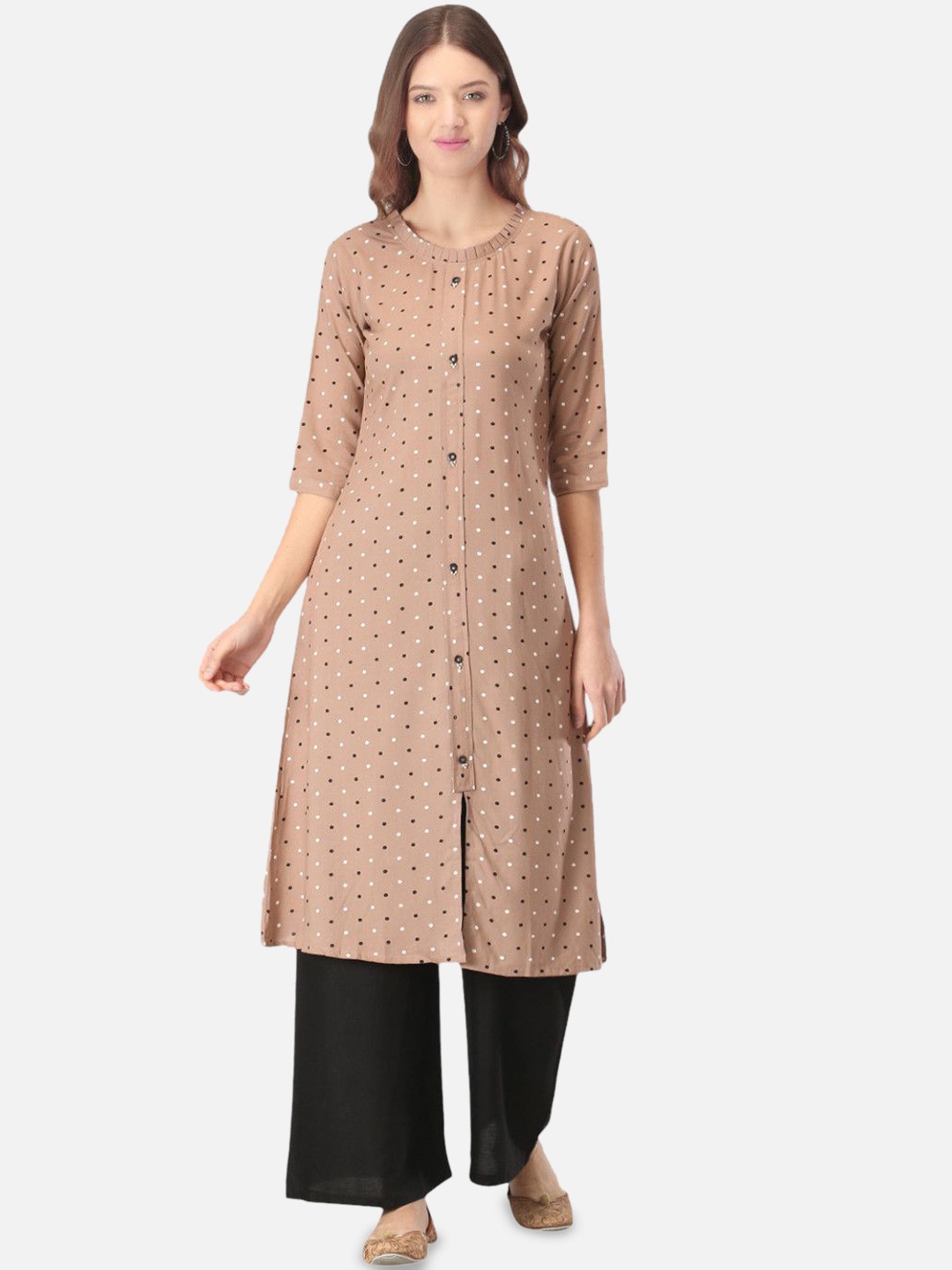 

Biyu Polka Dot Printed Round Neck Pure Cotton A-Line Kurta, Brown