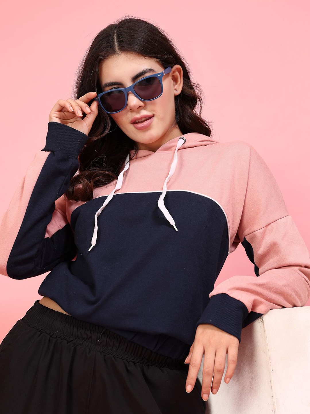 

Rigo Women Cotton Colourblocked Hooded Sweatshirt, Peach