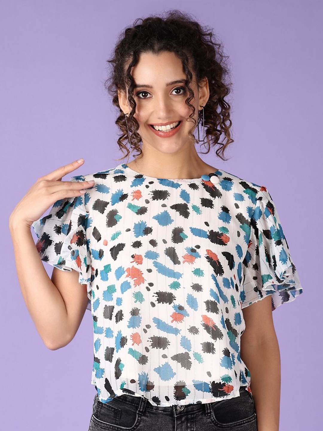 

V-Mart Women Abstract Printed Flutter Sleeves Top, Navy blue