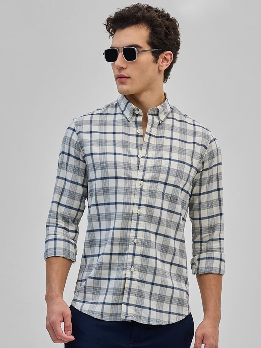 

Snitch Men Smart Button-Down Collar Tartan Checked Cotton Casual Shirt, Navy blue