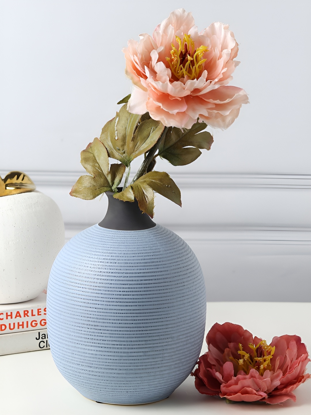 

HABERE INDIA Blue & Black Textured Ceramic Flower Vase