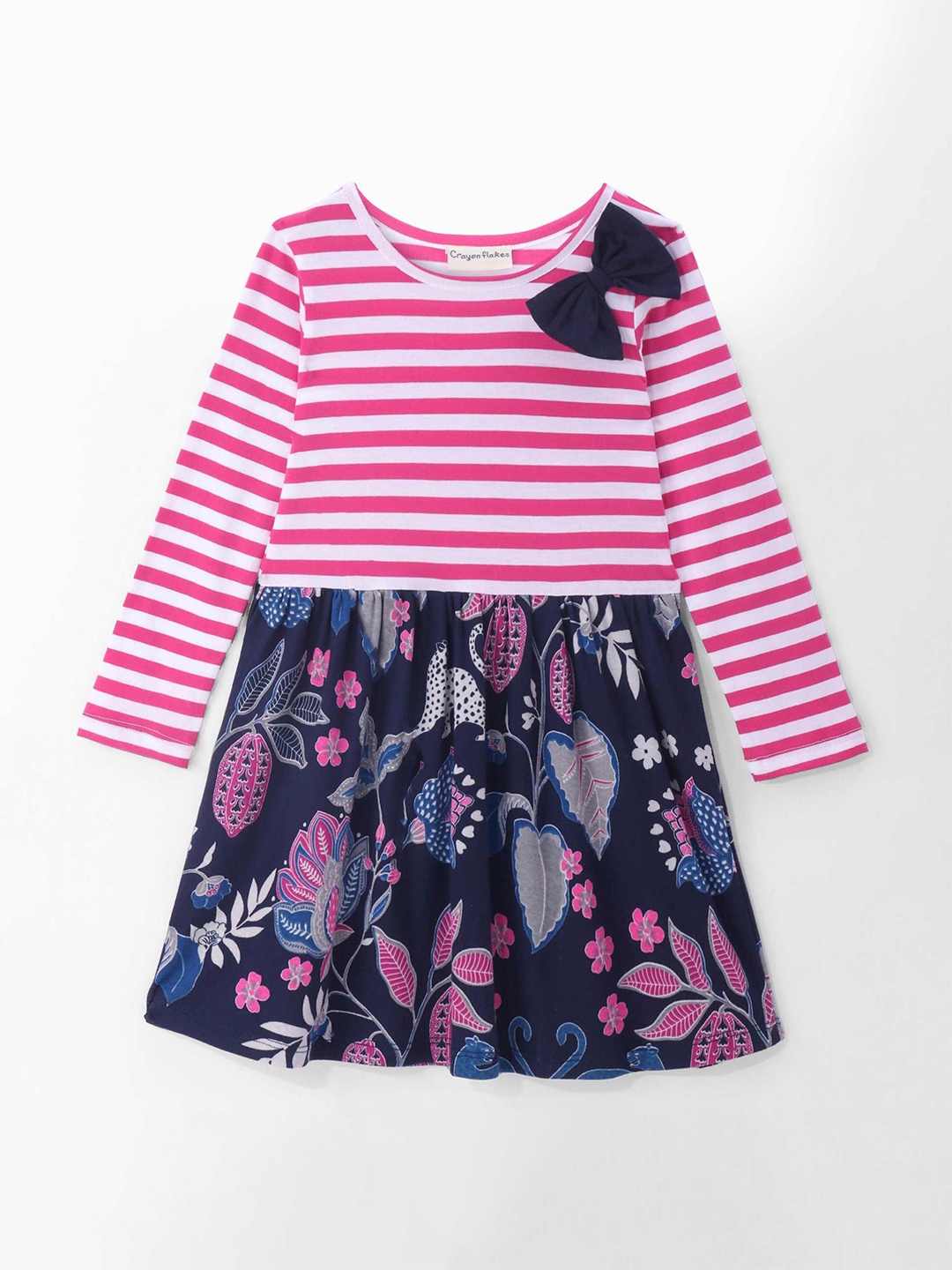 

CrayonFlakes Girls Striped Cotton Fit & Flare Knee Length Dress, Navy blue