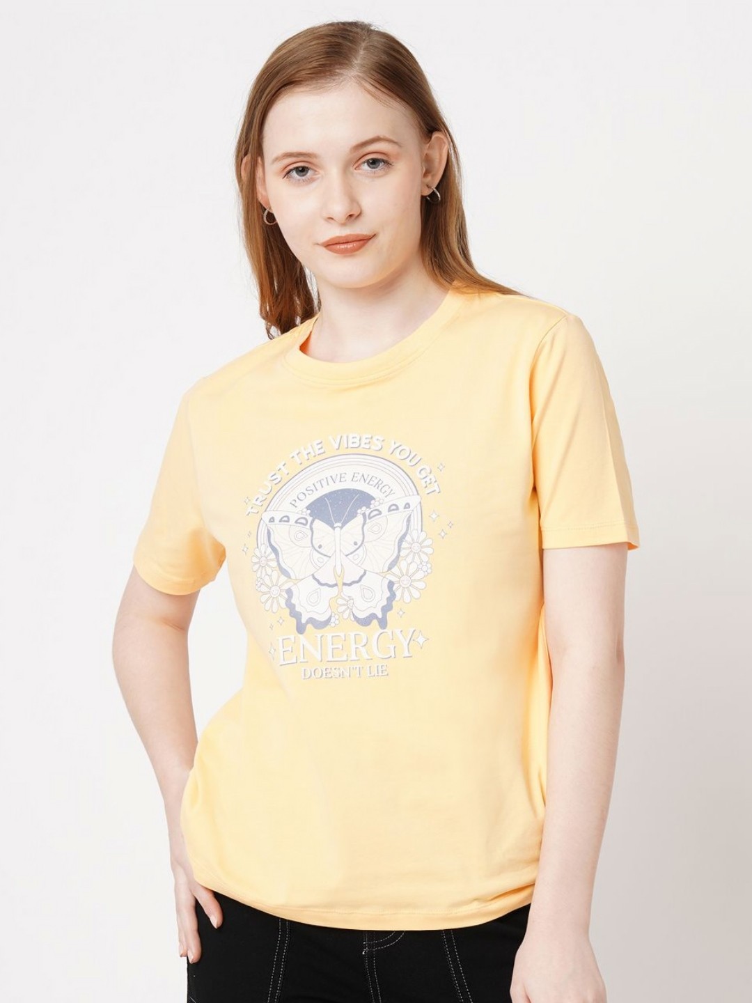 

Kraus Jeans Women Graphic Printed Round Neck Cotton Slim Fit T-shirt, Orange