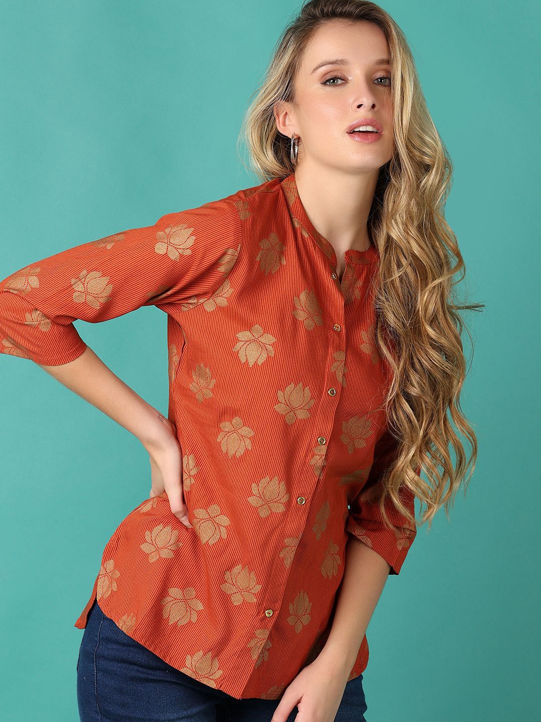

V-Mart Women Floral Printed Round Neck Top, Orange