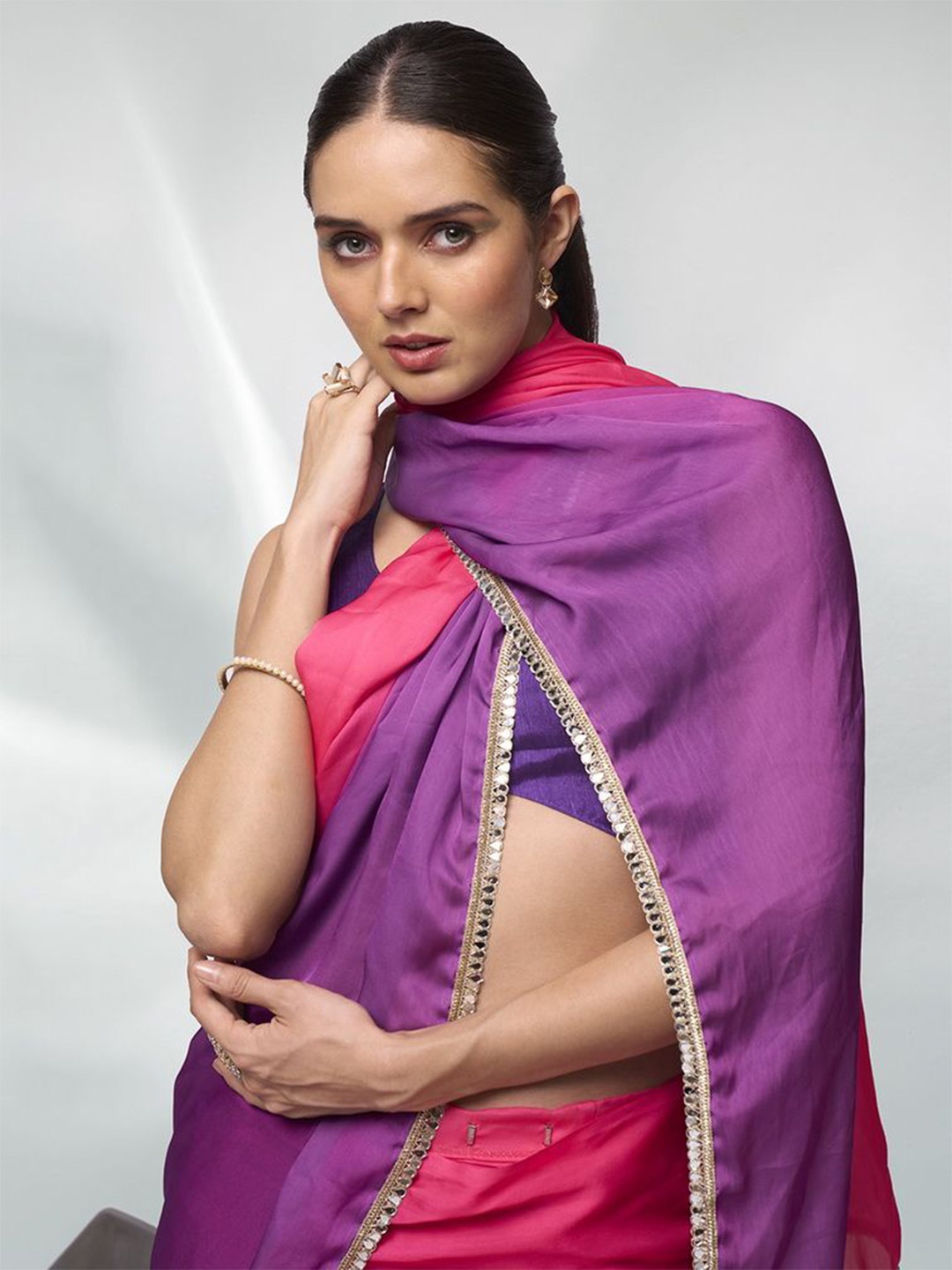 

Mitera Women Embellished Mirror Work Satin Ready to Wear Saree, Pink