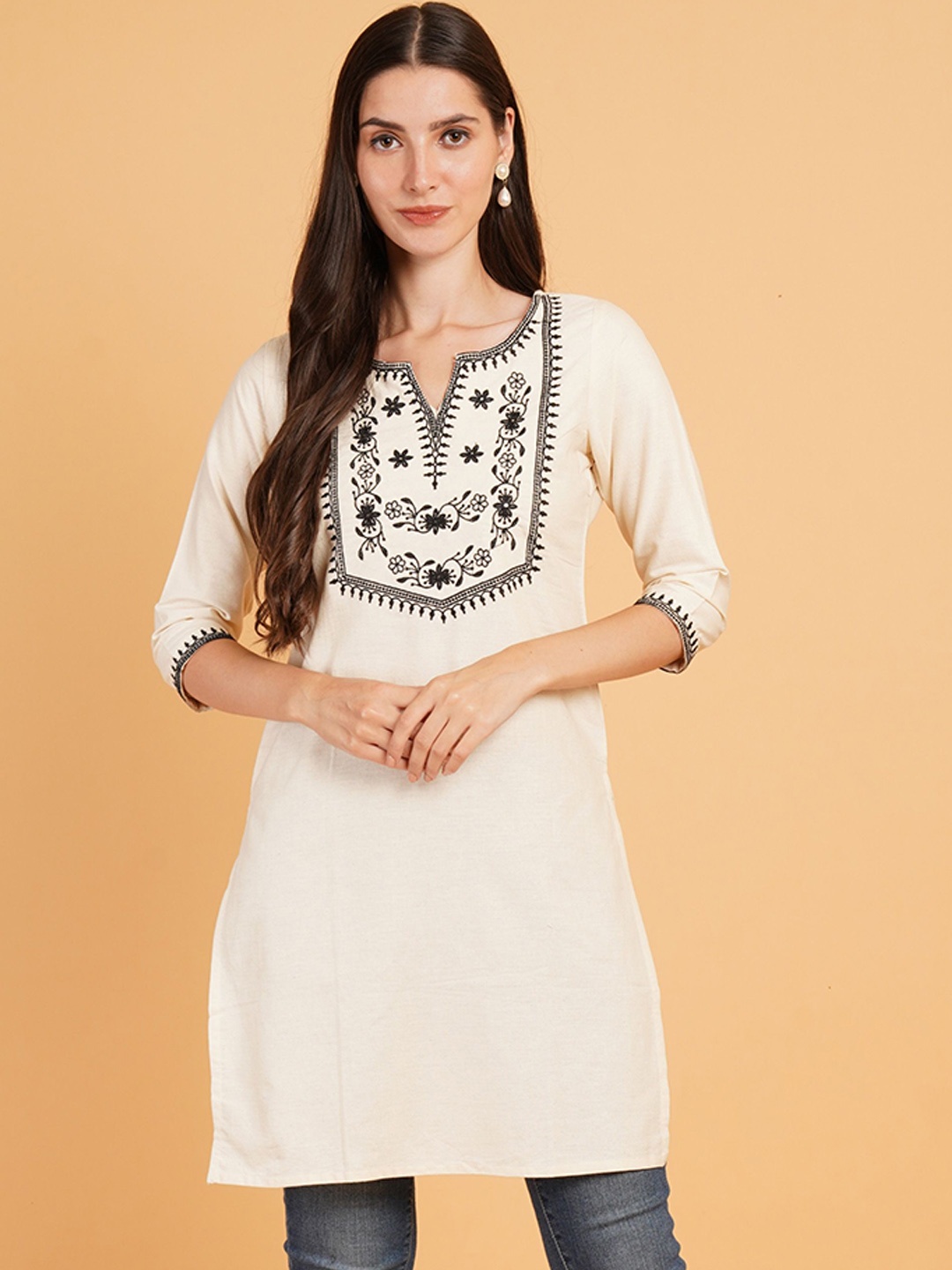 

Brownverse Women Embroidered Flared Sleeves Khadi Kurta, White