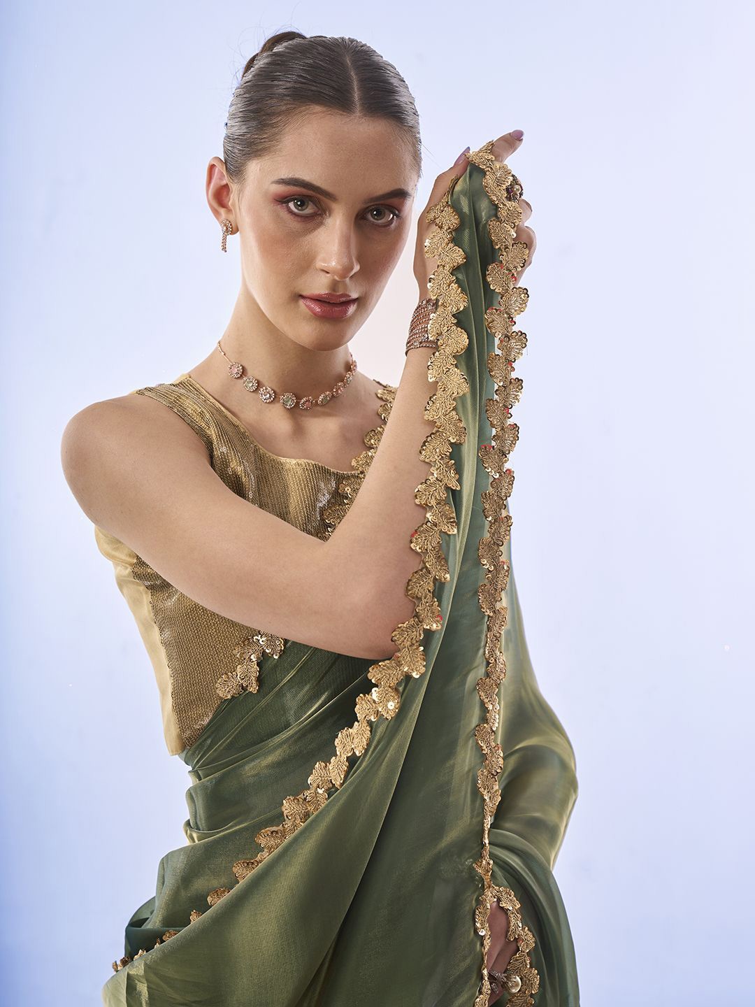 

Mitera Embellished Sequinned Organza Ready to Wear Saree, Green