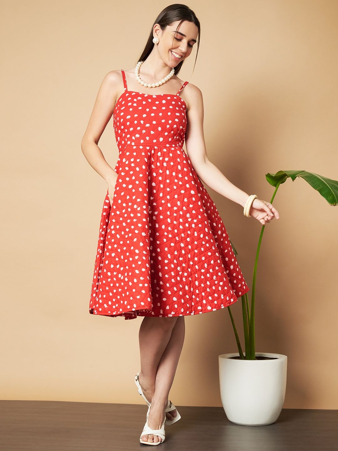 

COTLAND FASHION Women Polka Dot Printed Fit & Flare Knee Length Dress, Red