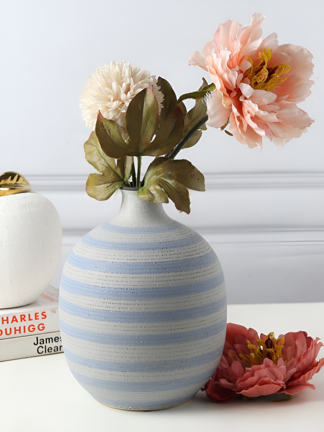 

HABERE INDIA Blue Striped Ceramic Flower Vase