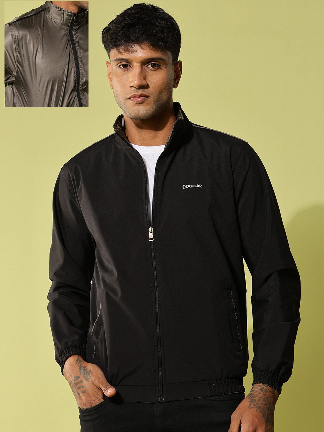 

Dollar Men Mock Collar Solid Casual Bomber Reversible Jacket, Black