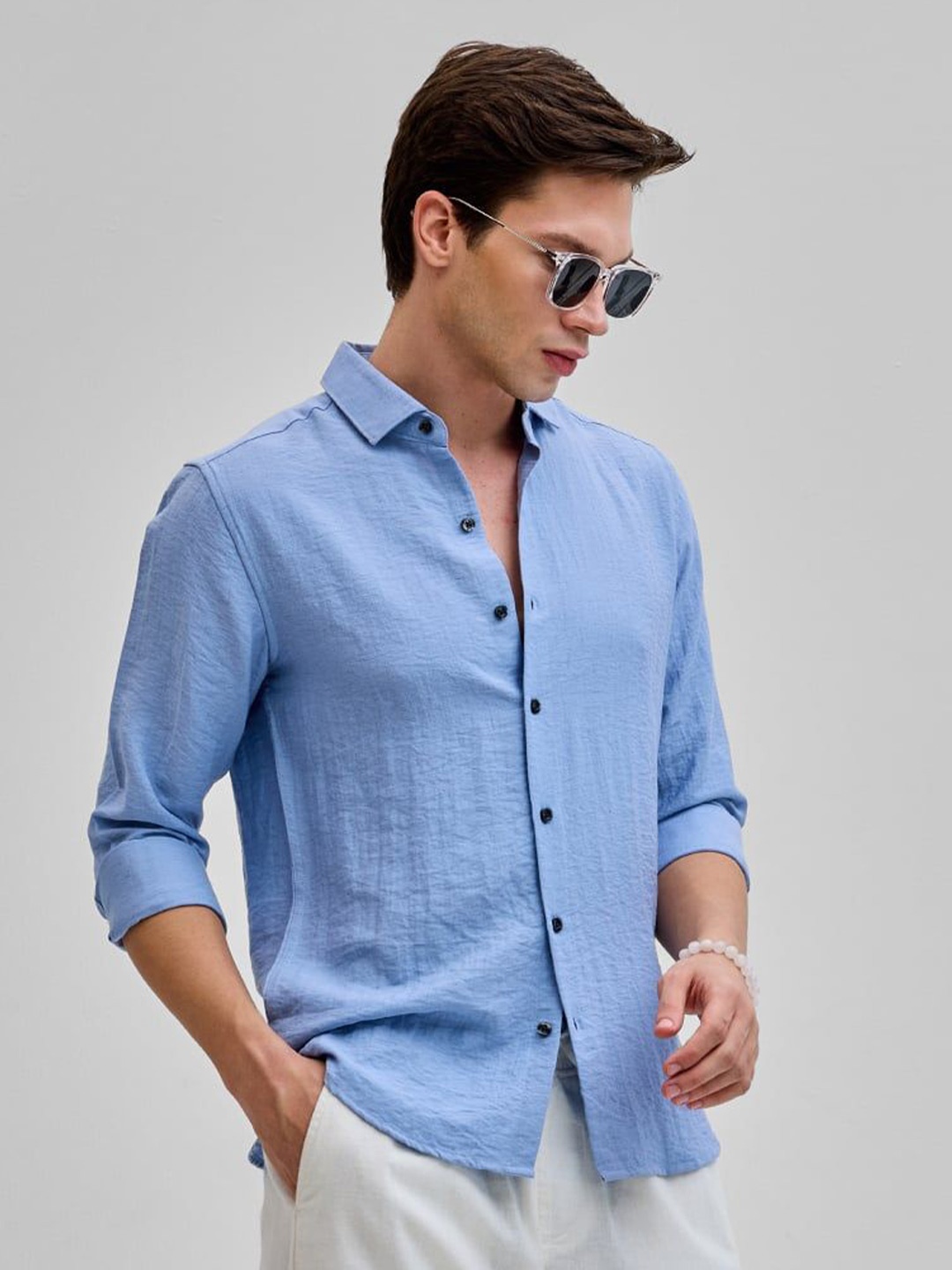 

Snitch Men Smart Spread Collar Solid Linen Casual Shirt, Blue