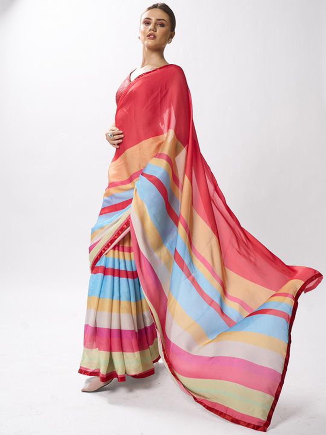 

Mitera Striped Pure Chiffon Ready to Wear Saree, Red