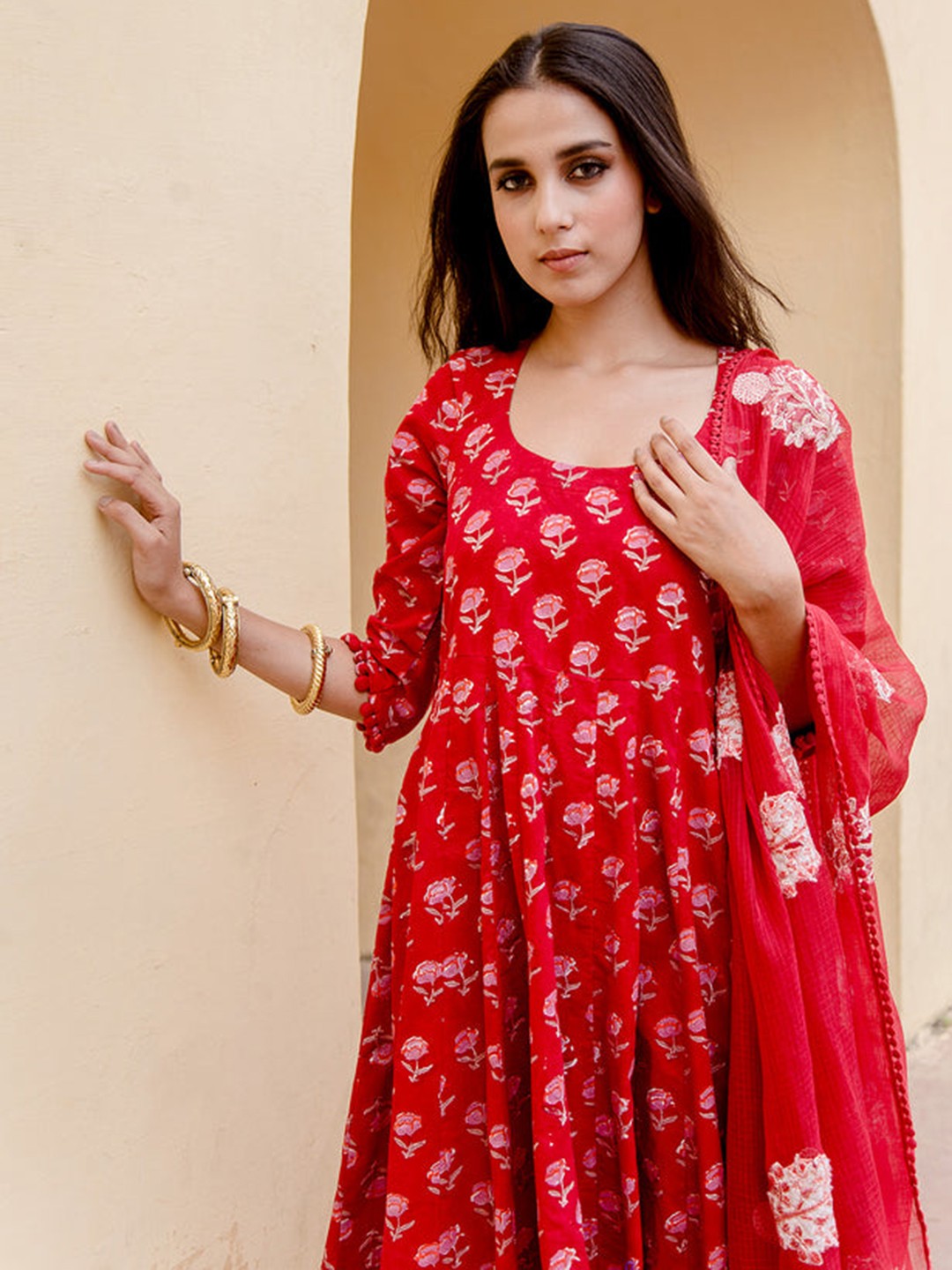

GulaboJaipur Floral Printed Anarkali Pure Cotton Kurta with Palazzo & Dupatta, Red