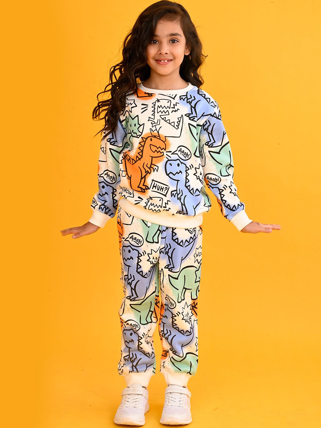 

Anthrilo WOW DINOSAUR Girls Printed Fleece Sweatshirt With Joggers, White