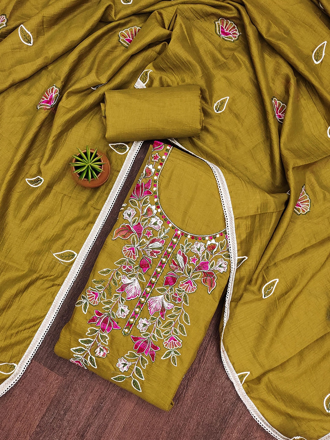 

KALINI Embroidered Pure Cotton Unstitched Dress Material, Lime green