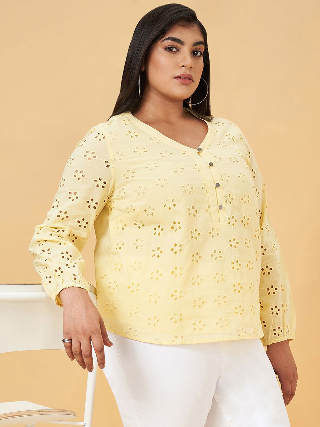 

Honey Curvytude by Pantaloons Women Plus Size V-Neck Cotton Top, Yellow