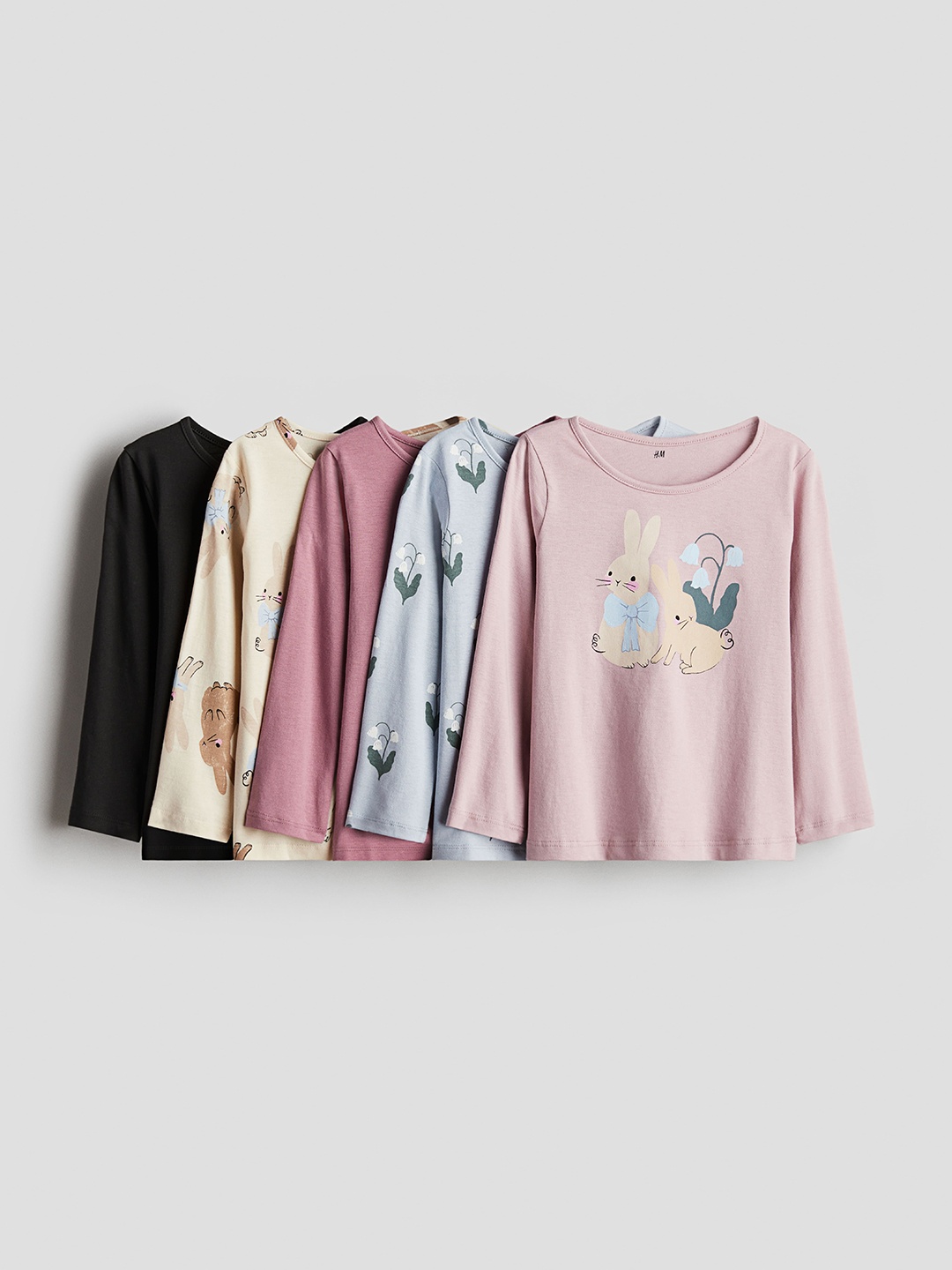 

H&M Girls 5-Pack Printed Cotton Long-Sleeved Tops, Pink