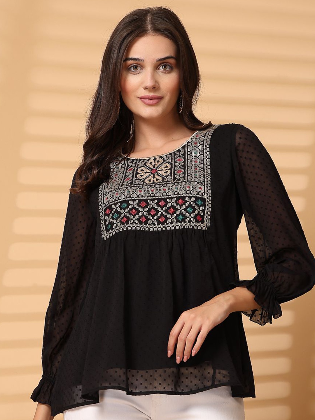 

ARDITA Women Ethnic Motifs Embroidered A-Line Top, Black