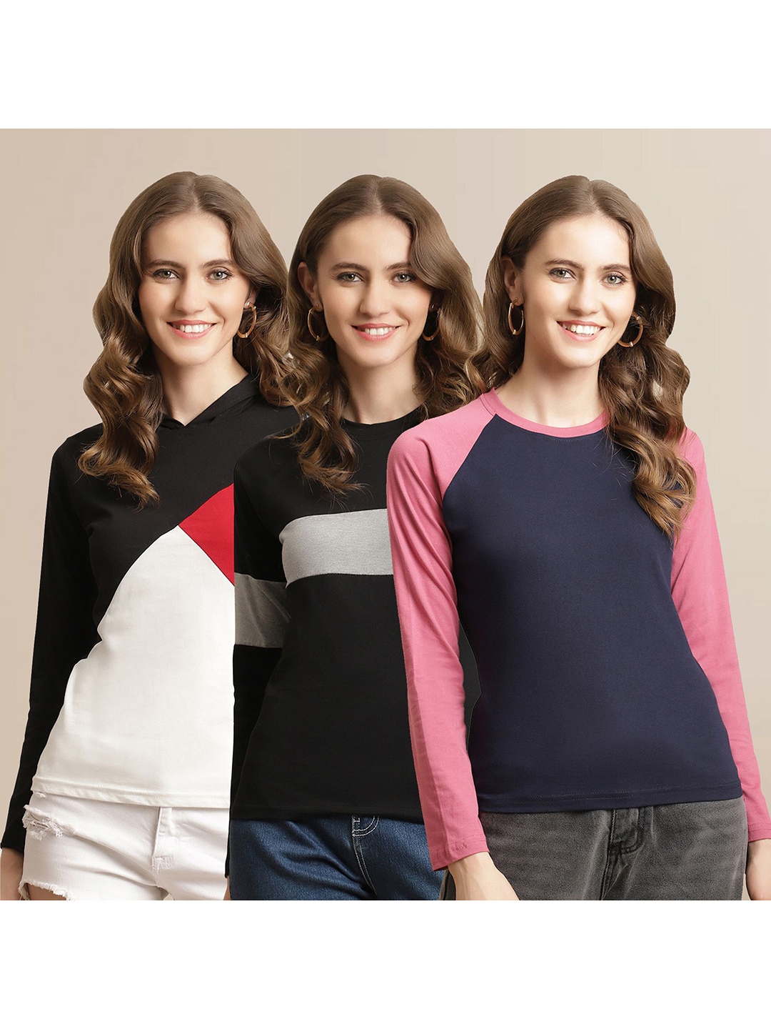 

Metronaut Women Pack Of 3 Colourblocked Round Neck Cotton T-shirts, Navy blue