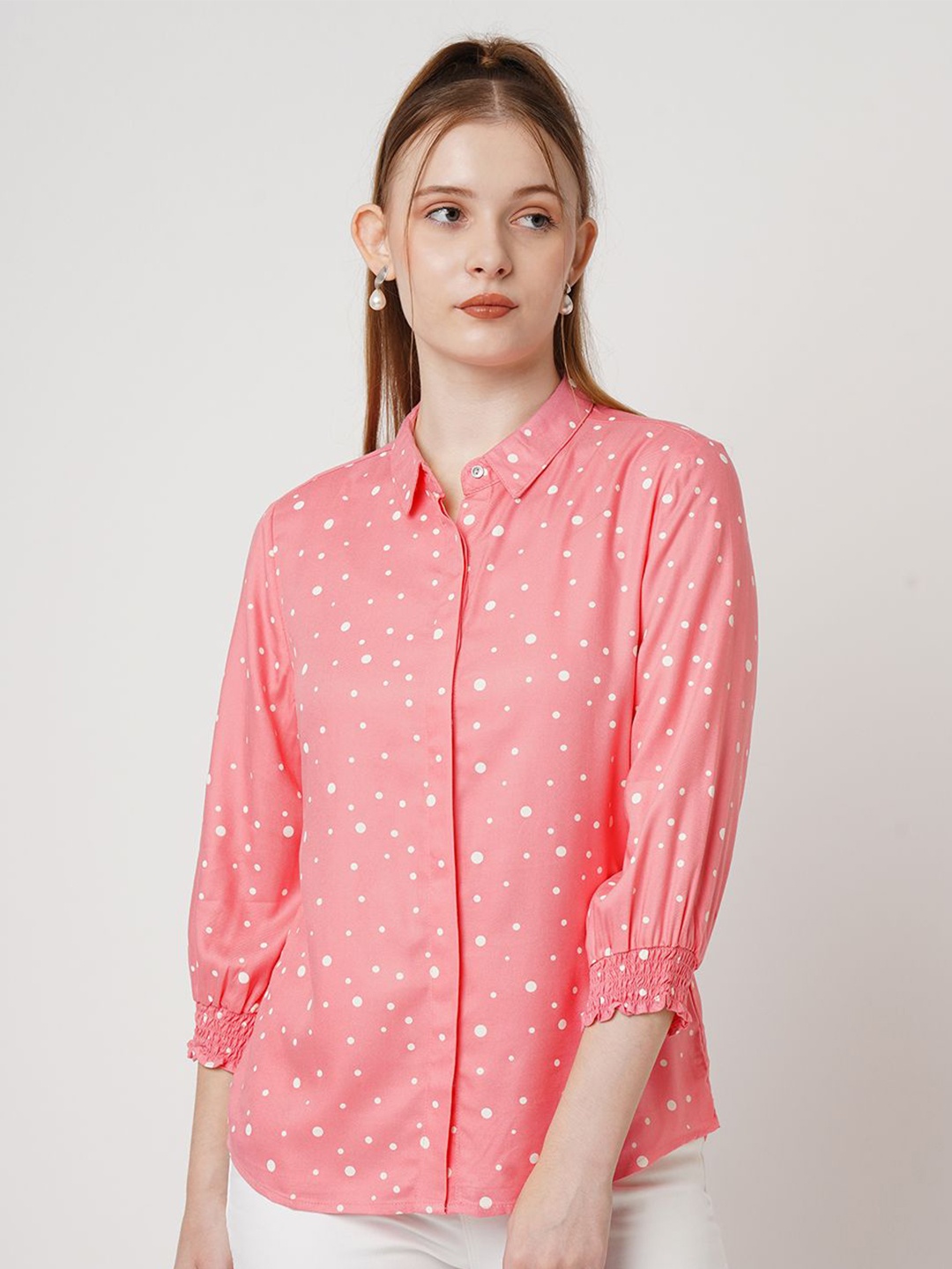 

Kraus Jeans Women Spread Collar Micro Ditsy Printed Slim Fit Casual Shirt, Pink