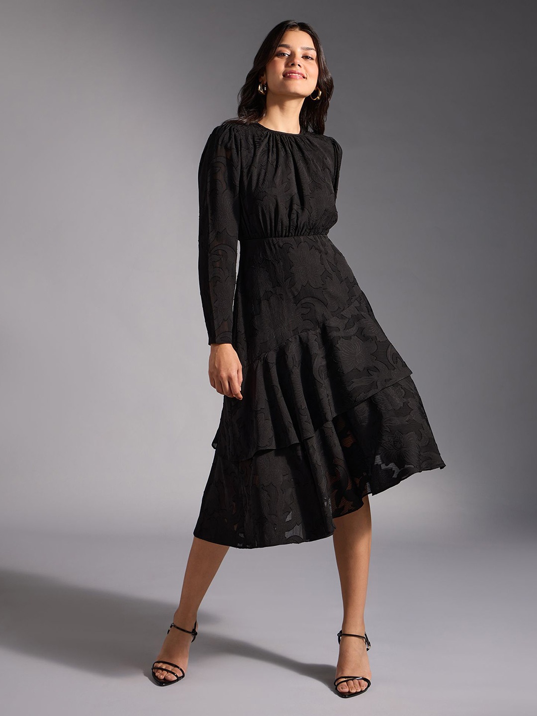 

20Dresses Women Floral Self Design Gathered Fit & Flare Dress, Black