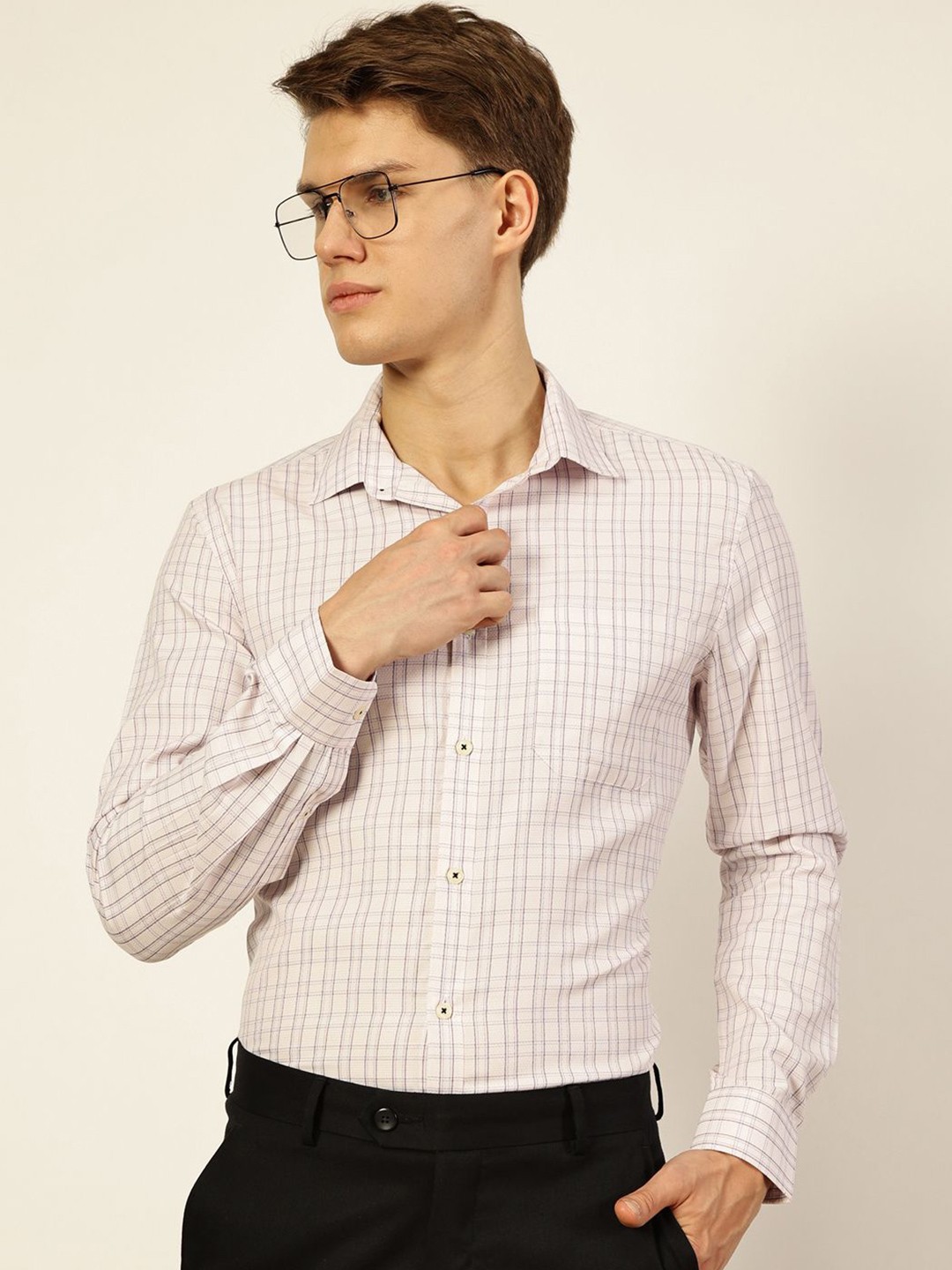 

Thomas Scott Men Smart Spread Collar Checked Cotton Formal Shirt, Pink