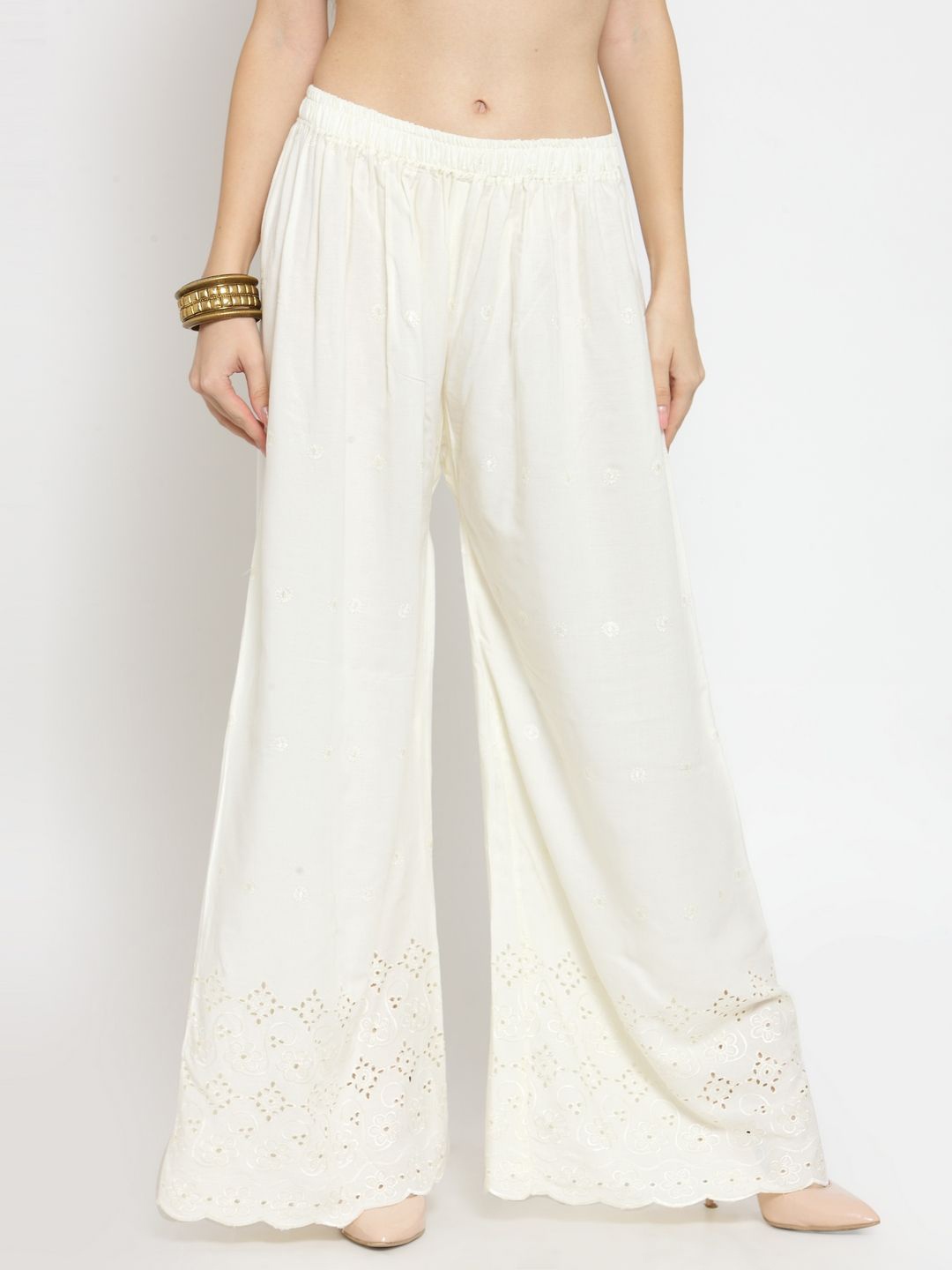 

TULIP 21 Women Hem Design Flared Ethnic Regular Wide Leg Slip-On Palazzos, Off white
