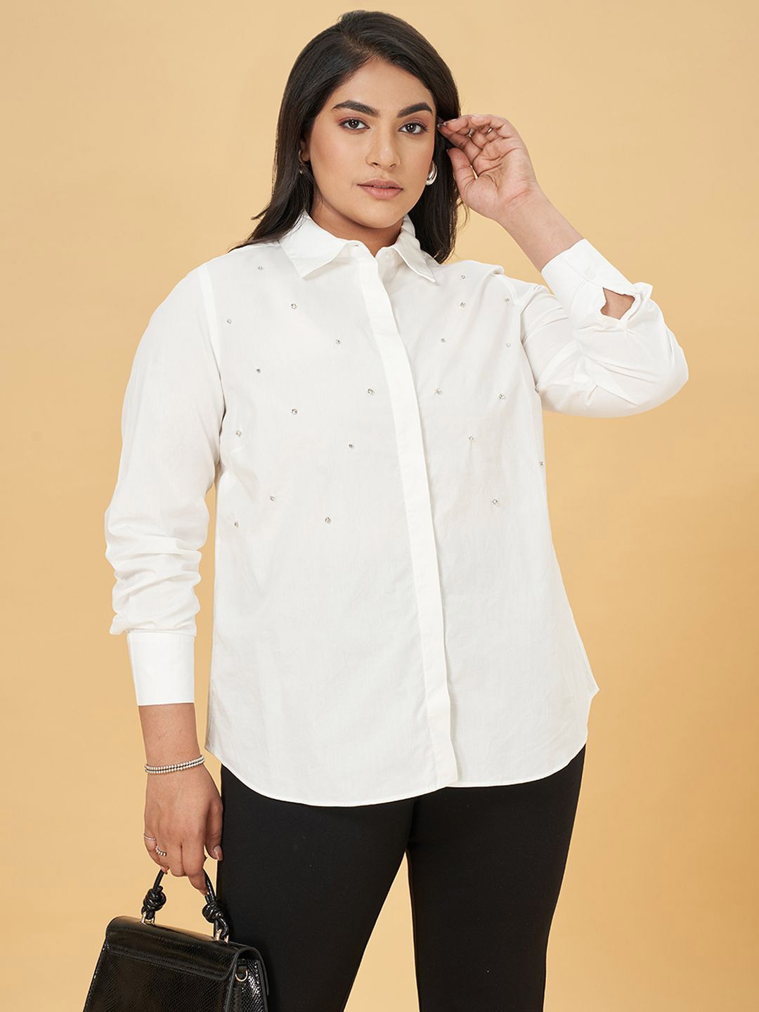 

Honey Curvytude by Pantaloons Women Plus Size Embroidered Cotton Shirt Style Top, Off white