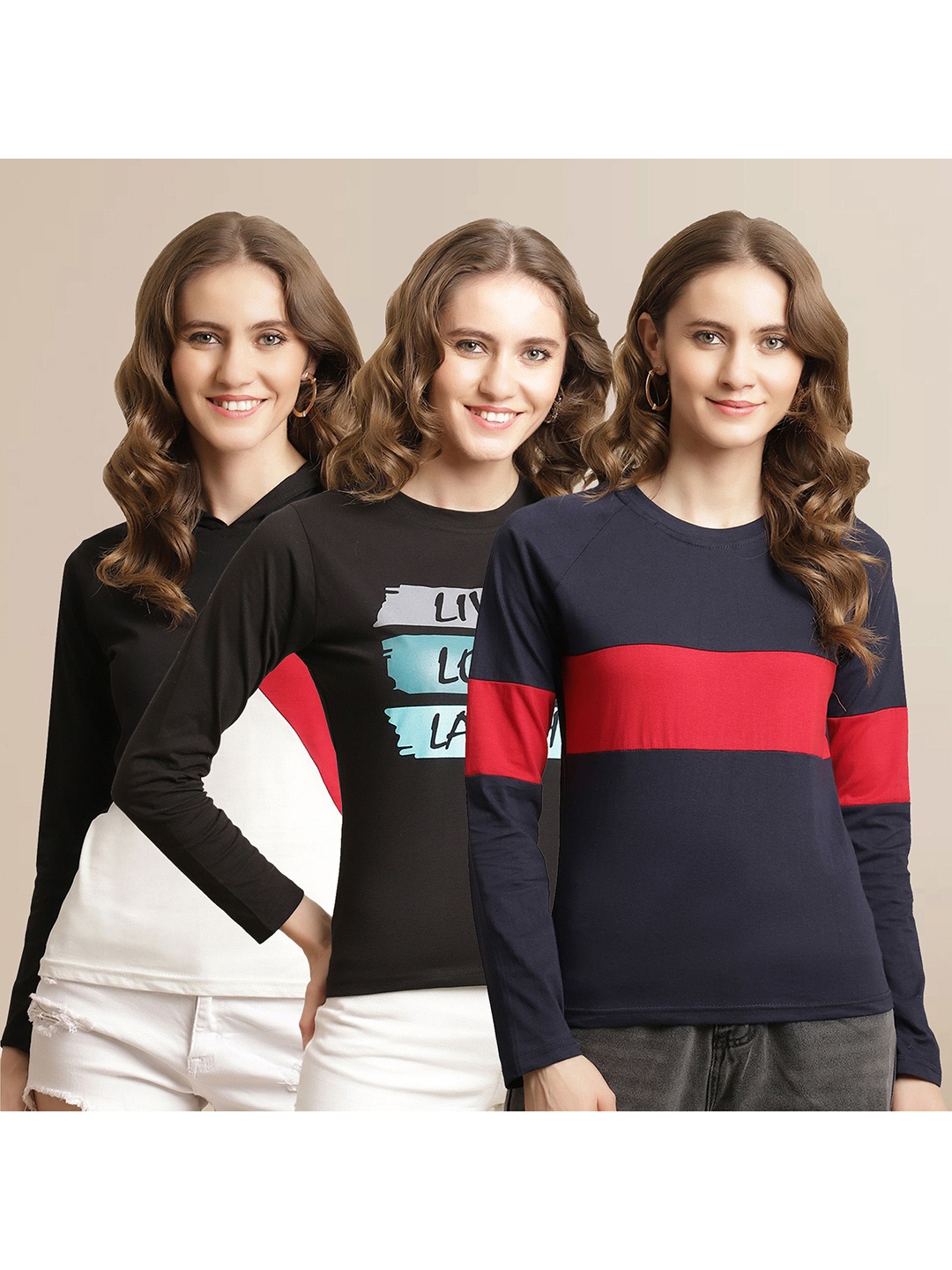 

Metronaut Women Pack Of 3 Printed Round Neck Cotton T-shirts, Navy blue