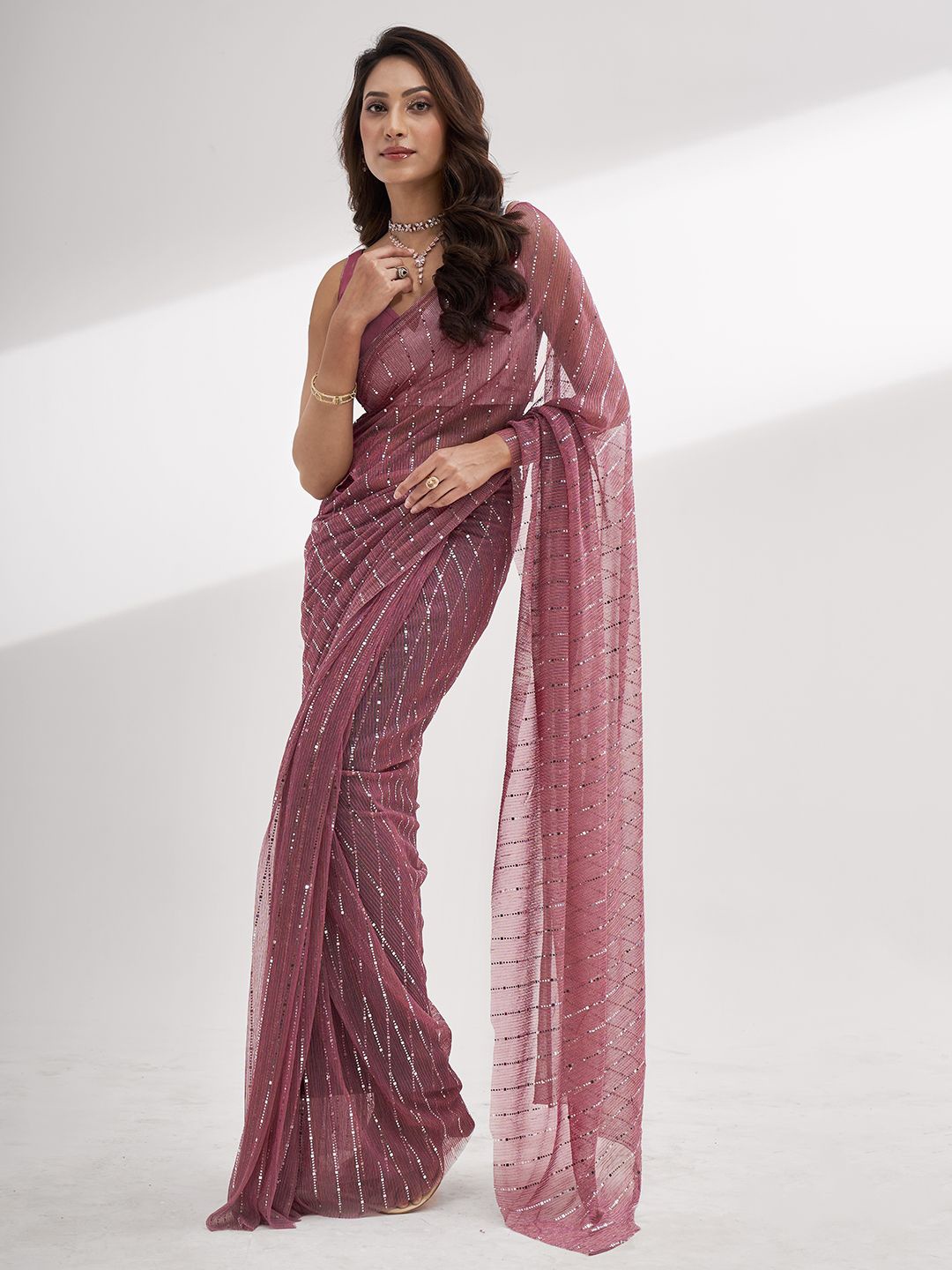 

Mitera Embellished Sequinned Ready to Wear Saree, Pink