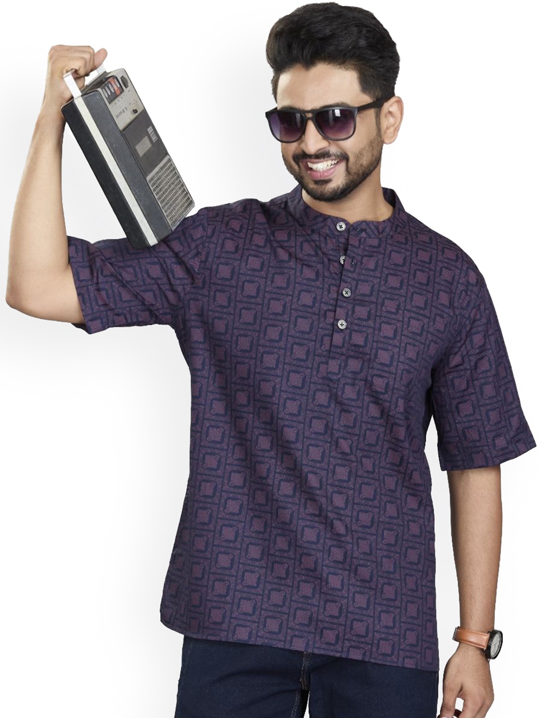 

Authentics Block Printed Mandarin Collar Pure Cotton Short Kurta, Navy blue