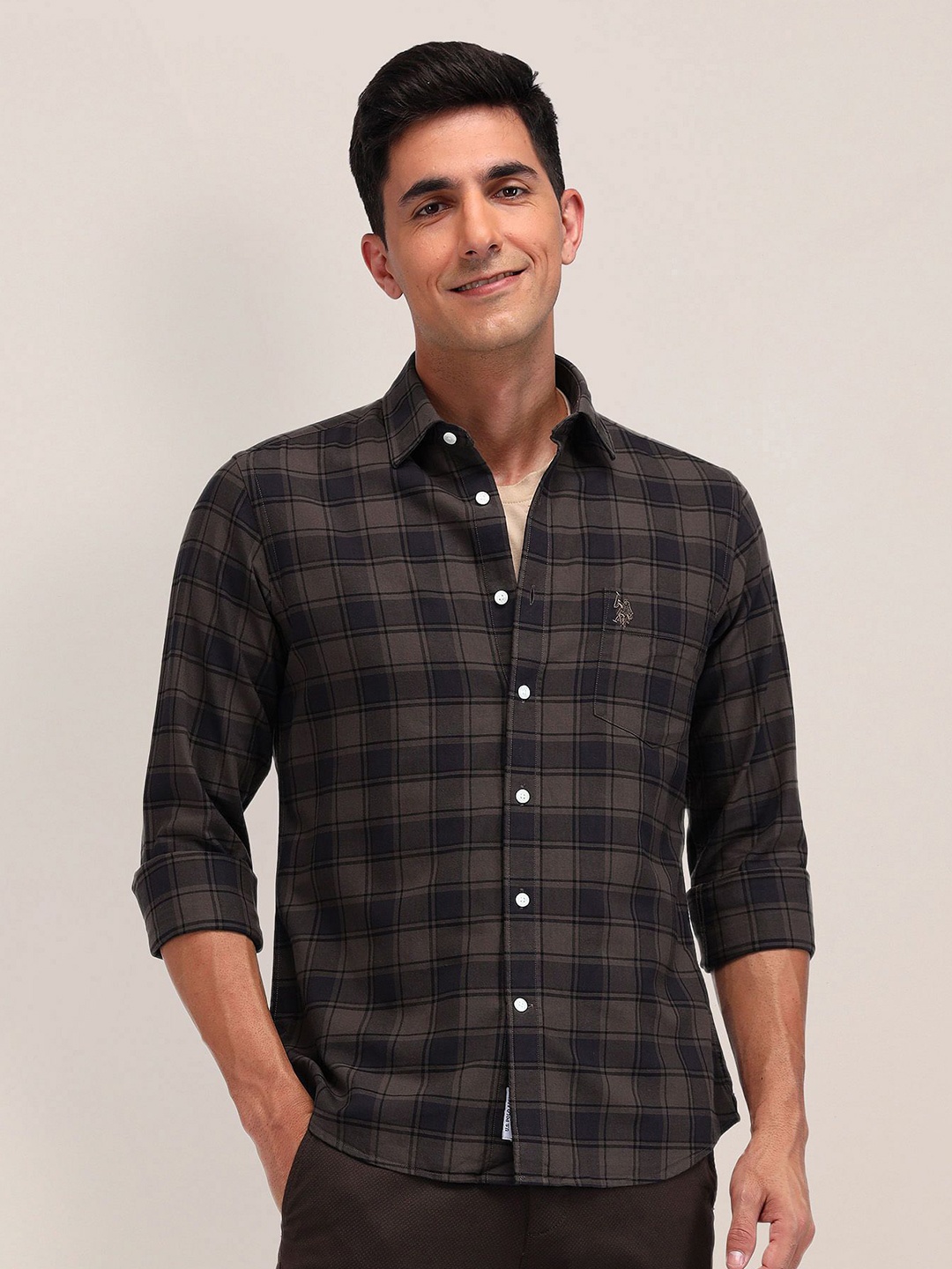 

U.S. Polo Assn. Men Cutaway Collar Tartan Checked Cotton Tailored Fit Casual Shirt, Brown