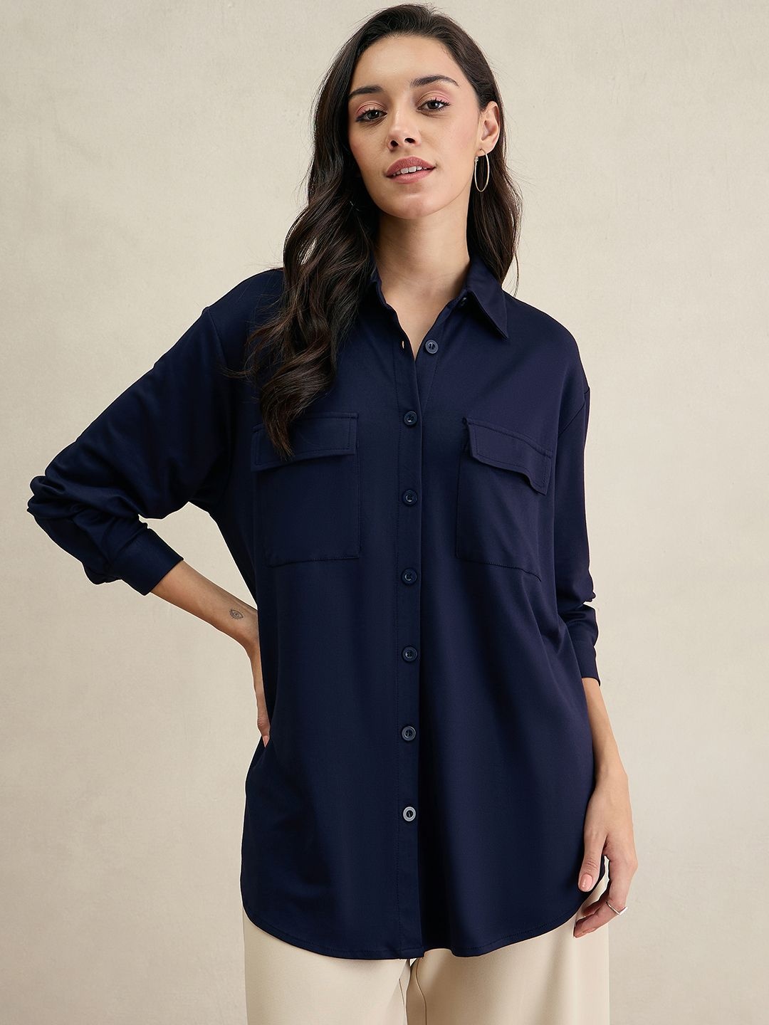 

FEMMELLA Women Standard Spread Collar Solid Casual Shirt, Navy blue