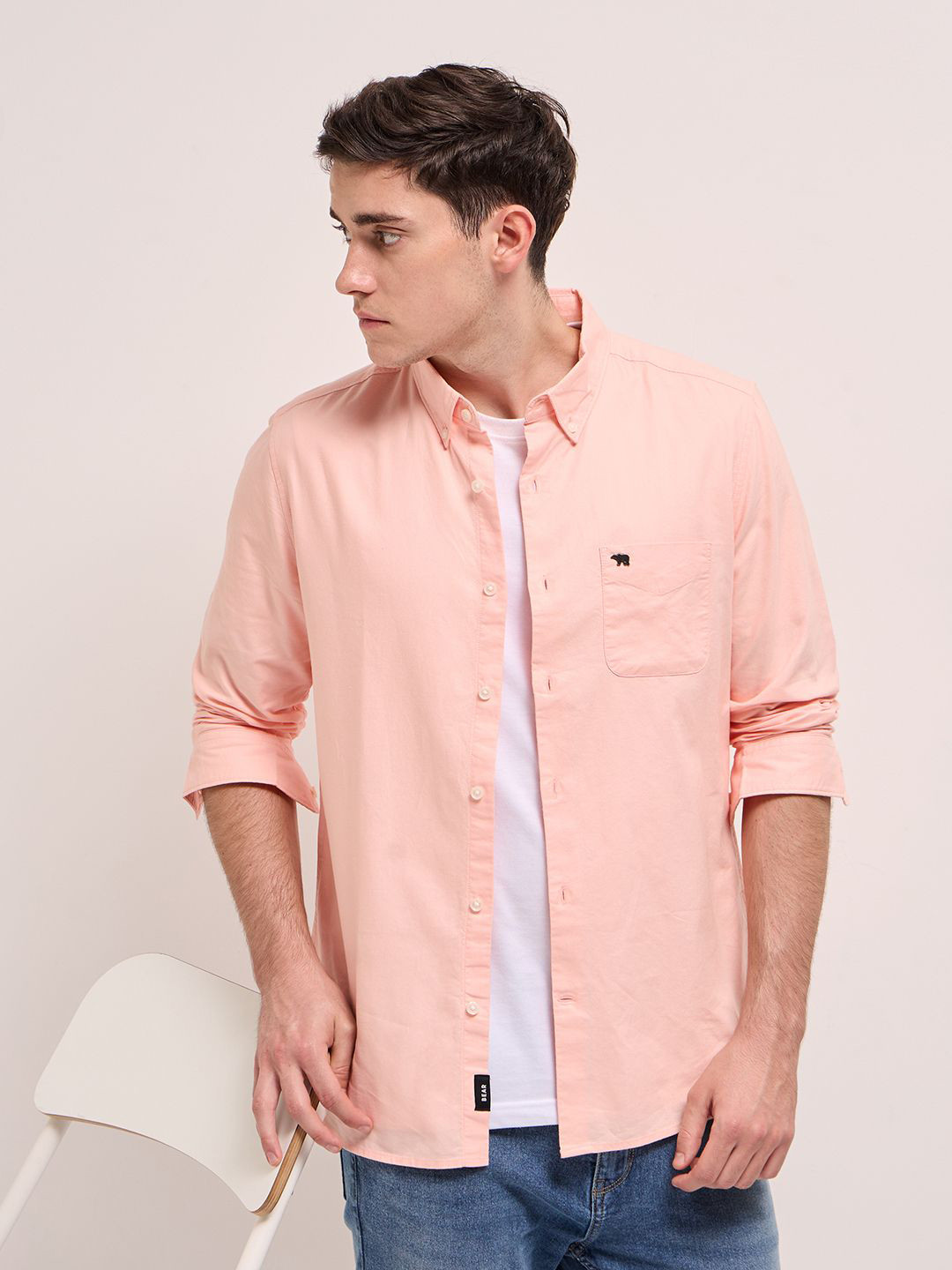 

THE BEAR HOUSE Men Button-Down Collar Solid Cotton Slim Fit Casual Shirt, Orange