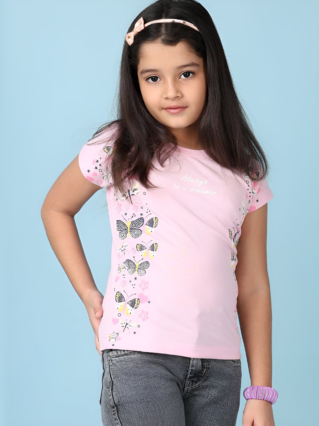 

V-Mart Girls Graphic Printed Round Neck Cotton T-shirt, Pink