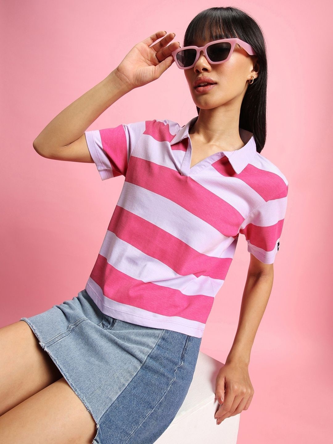 

Bewakoof Plus Women Striped Polo Collar Cotton T-shirt, Pink