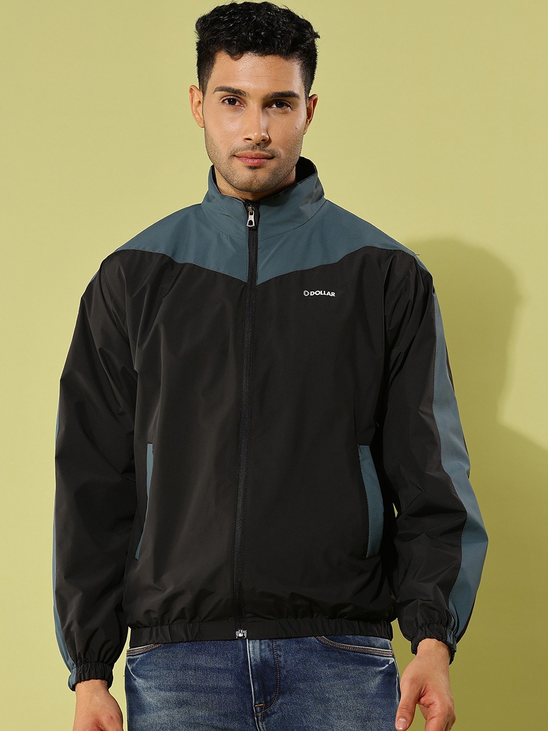 

Dollar Men Mock Collar Colourblocked Casual Bomber Jacket, Black