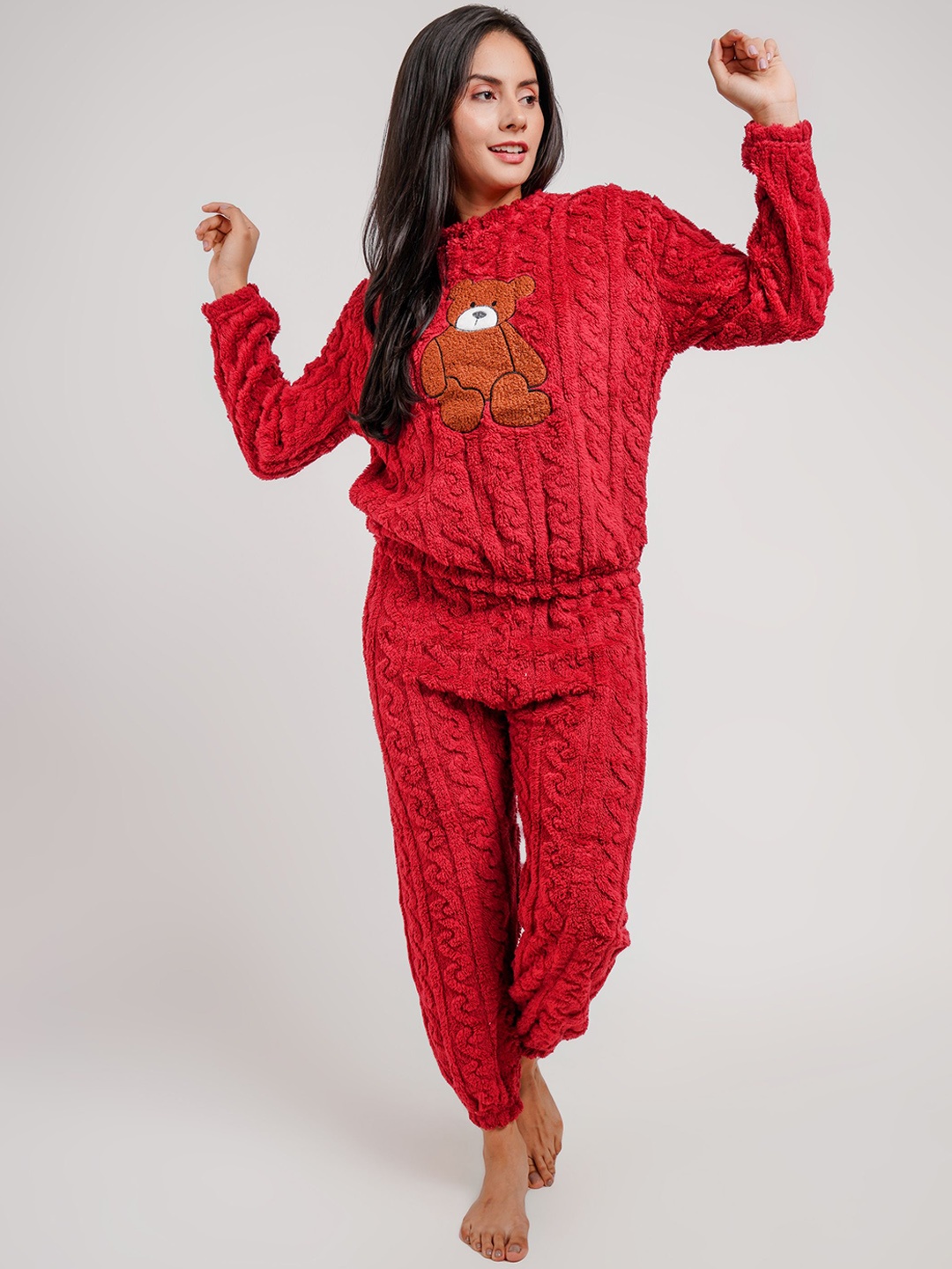 

Lugo Women Round Neck Long Sleeves Printed Night suit, Maroon
