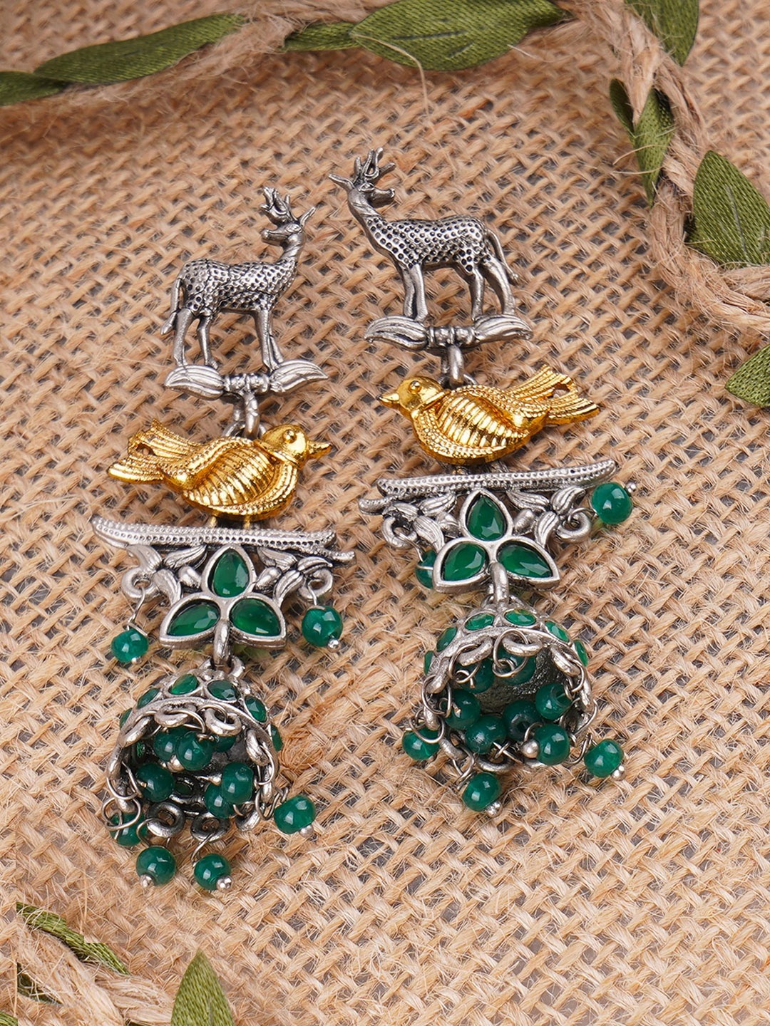 

Adwitiya Collection Silver-Plated Ruby & Pearls Bird Design Oxidised Drop Earrings