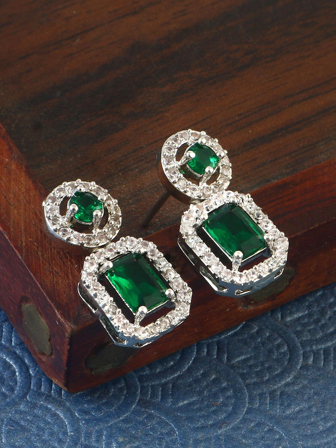 

Jewar Mandi Silver-Plated Cubic Zirconia Studded Square Drop Earrings
