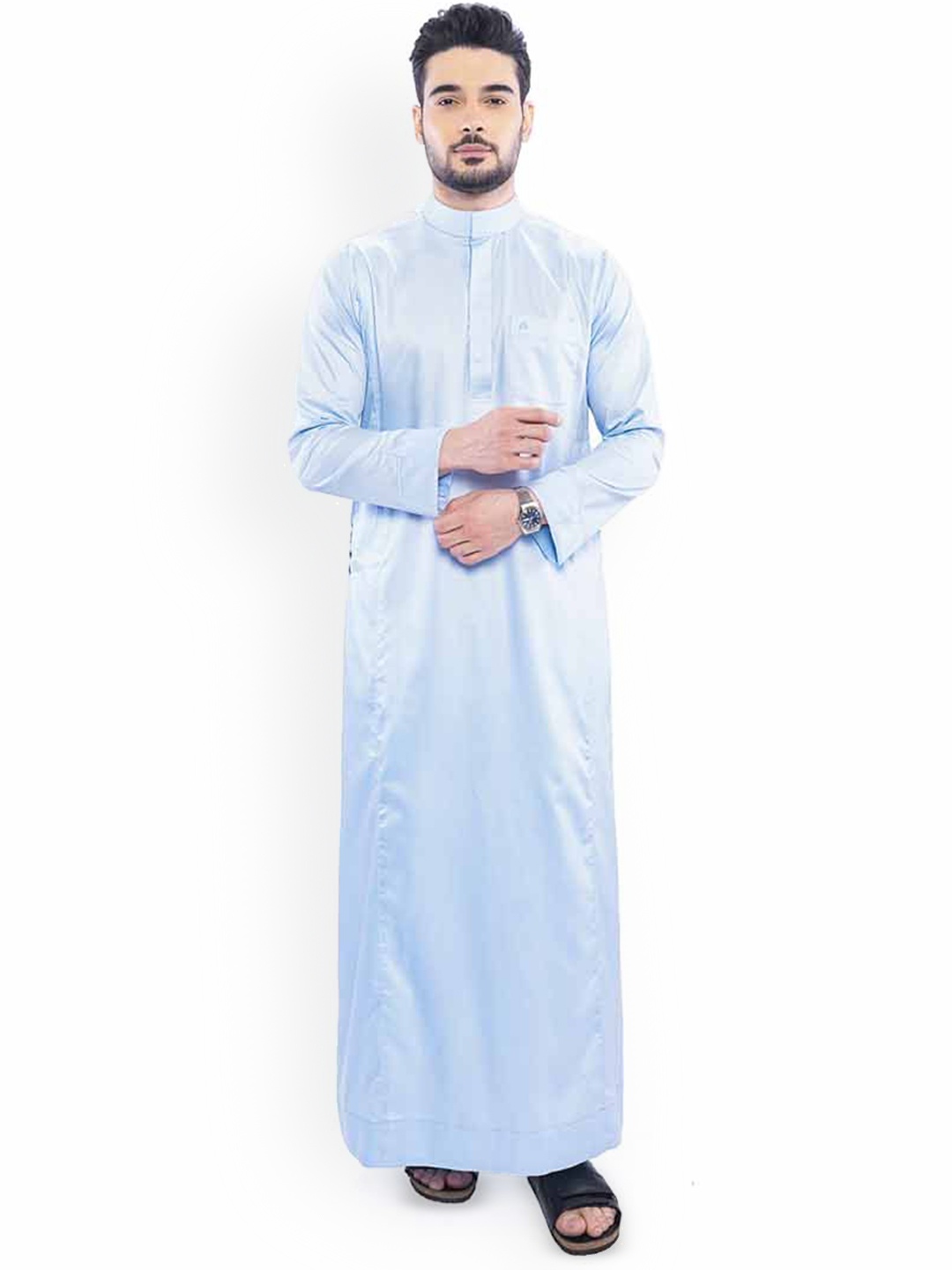 

MASHROO Band Collar Straight Thobe, Blue